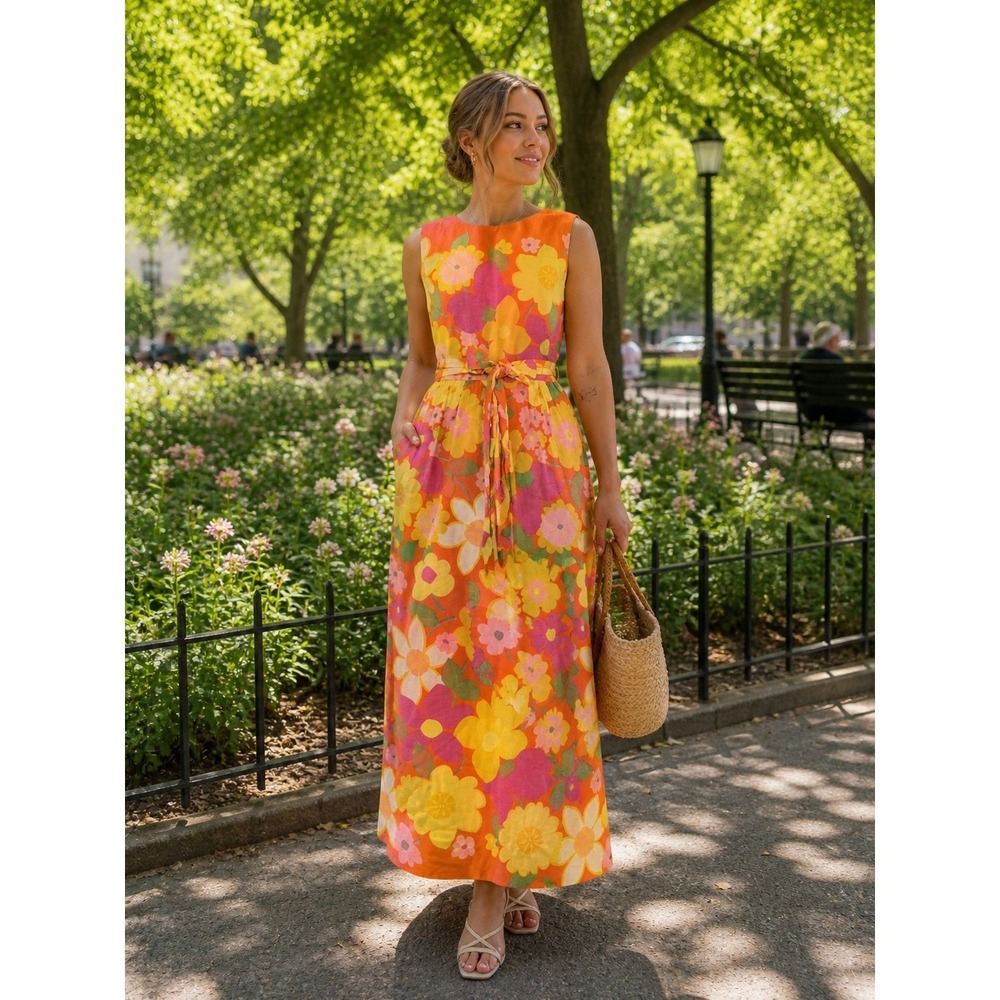 Swirl Women Maxi Dress Medium Orange Floral Vintage Sleeveless Wrap Back Belted